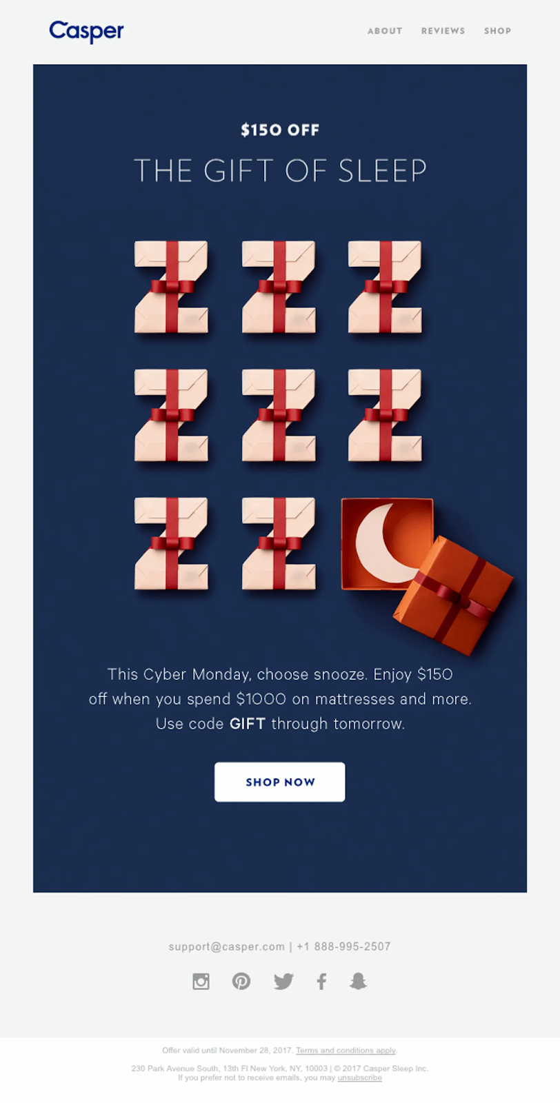 Casper brand ran a Cyber Monday email with $150 off offer and the code GIFT, framed as The Gift of Sleep.